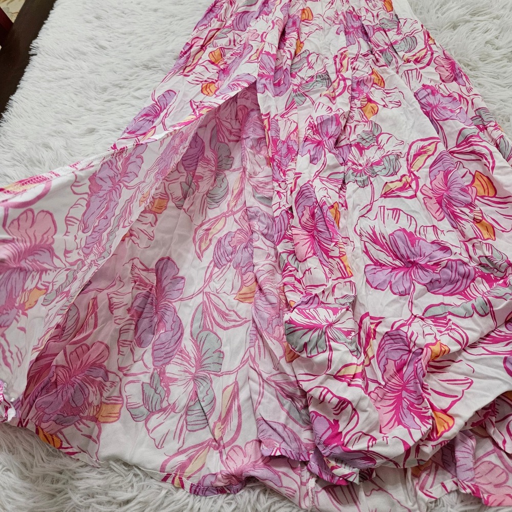 Abel the Label Pink Tropical Beachy Floral Halter Smocked Waist Maxi Dress Sz M - Picture 3 of 8